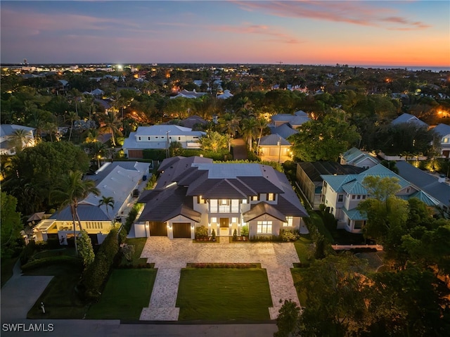 view of aerial view at dusk