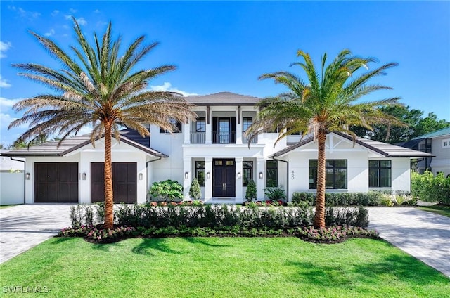 460 2nd Ave N, Naples, FL 34102 - view of front of home featuring stucco siding, decorative driveway, a balcony, and a front yard