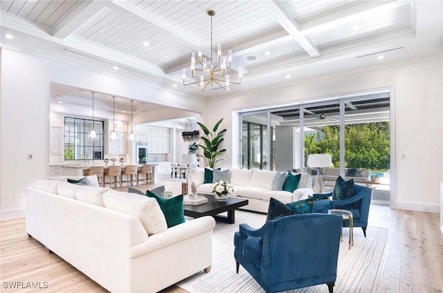 460 2nd Ave N, Naples, FL 34102 - living area featuring a chandelier, beamed ceiling, baseboards, light wood-type flooring, and recessed lighting