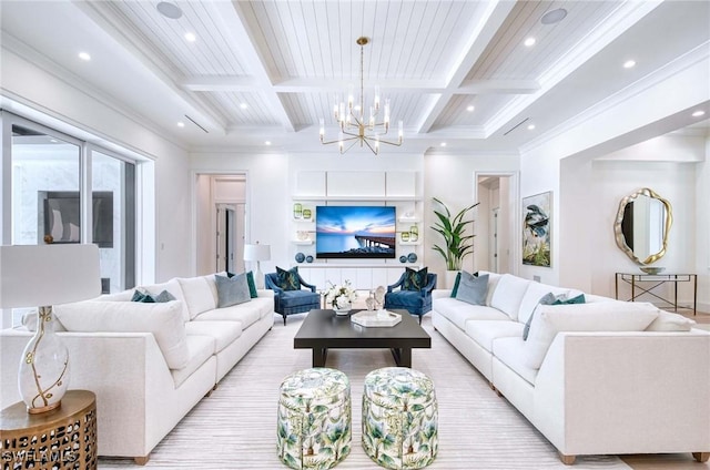 460 2nd Ave N, Naples, FL 34102 - living room with a chandelier, beam ceiling, coffered ceiling, and ornamental molding