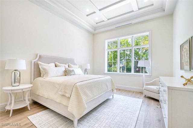 460 2nd Ave N, Naples, FL 34102 - bedroom with coffered ceiling, light wood-style floors, baseboards, beamed ceiling, and recessed lighting