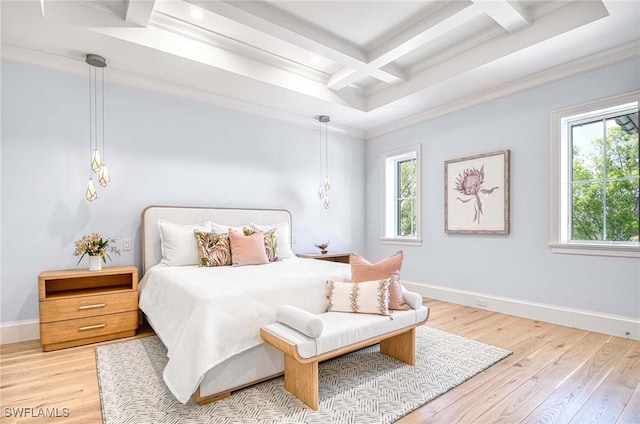 460 2nd Ave N, Naples, FL 34102 - bedroom with coffered ceiling, multiple windows, beam ceiling, light wood-style floors, and crown molding