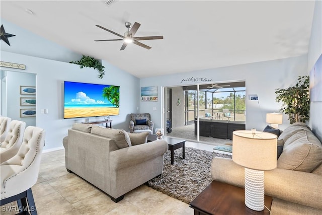 living room with ceiling fan and lofted ceiling