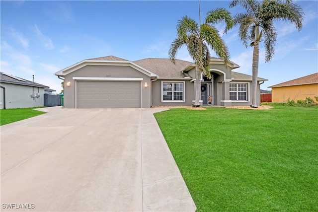 ranch-style home with a garage and a front lawn