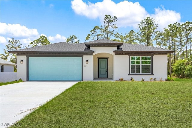 337 Woodburn Dr, Lehigh Acres, FL 33972 - view of front of home featuring concrete driveway, stucco siding, a front yard, a garage, and roof with shingles