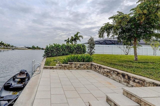 view of patio featuring a water view