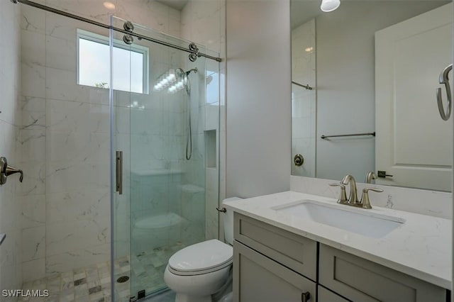 bathroom with vanity, toilet, and a shower with shower door