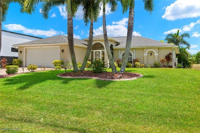 view of front of property with a garage and a front lawn