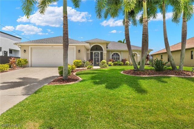 mediterranean / spanish-style house with a garage and a front yard