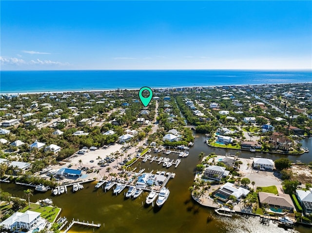 drone / aerial view featuring a water view