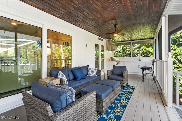 sunroom / solarium featuring wooden ceiling, sink, and ceiling fan