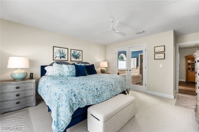 carpeted bedroom with access to outside, ceiling fan, and french doors