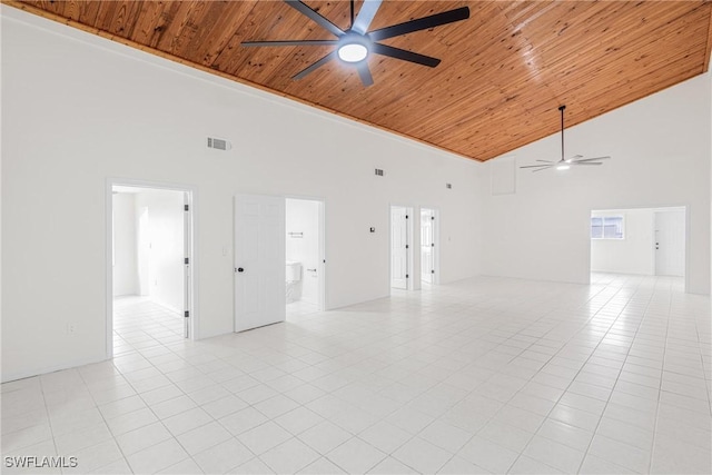 tiled spare room with ceiling fan, wooden ceiling, and high vaulted ceiling