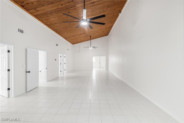 spare room featuring ceiling fan, high vaulted ceiling, light tile patterned floors, and wood ceiling