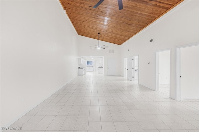 unfurnished living room with ceiling fan, light tile patterned floors, wooden ceiling, and high vaulted ceiling