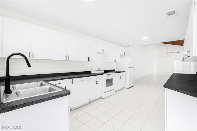 kitchen featuring sink, light tile patterned floors, white cabinets, and white appliances