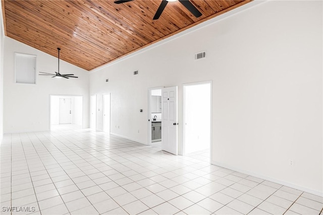 tiled empty room with high vaulted ceiling, wooden ceiling, and ceiling fan