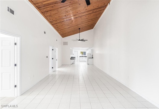 corridor featuring high vaulted ceiling, light tile patterned floors, and wood ceiling