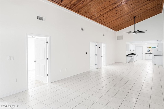 unfurnished living room with high vaulted ceiling, light tile patterned floors, wooden ceiling, and ceiling fan