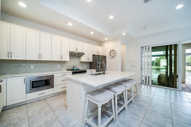 kitchen featuring white cabinets, a kitchen island with sink, a tray ceiling, and stainless steel appliances