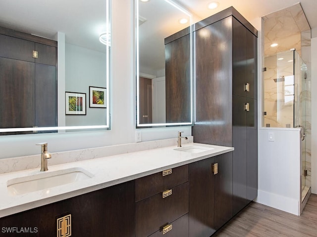 bathroom featuring wood-type flooring, walk in shower, and vanity