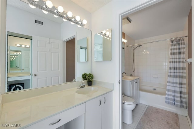 full bathroom featuring vanity, shower / tub combo, tile patterned floors, and toilet