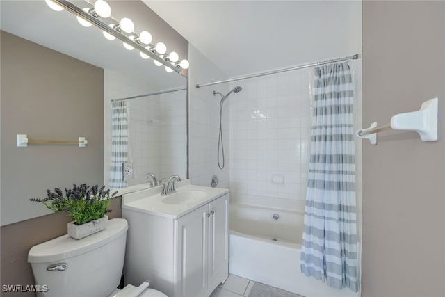 full bathroom featuring shower / bathtub combination with curtain, vanity, tile patterned flooring, and toilet