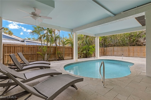 view of swimming pool featuring ceiling fan and a patio