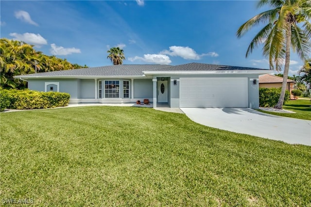 ranch-style house with a garage and a front yard