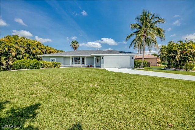 ranch-style house with a garage and a front lawn