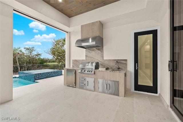 view of patio / terrace with a swimming pool with hot tub, sink, an outdoor kitchen, and grilling area