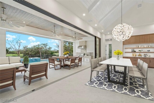 dining room with wood ceiling, ceiling fan, beamed ceiling, and high vaulted ceiling