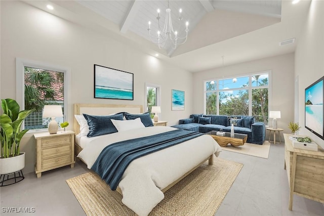 bedroom with wooden ceiling, an inviting chandelier, beam ceiling, and high vaulted ceiling