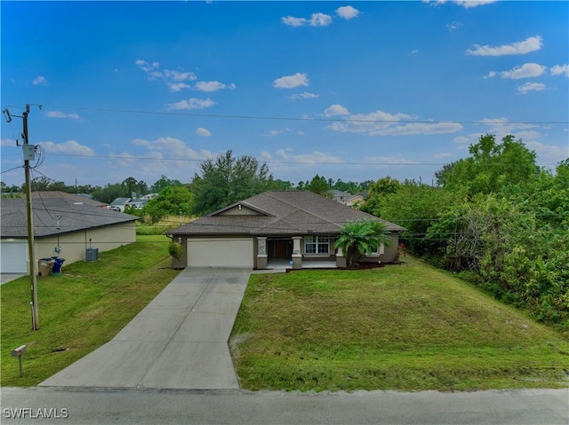 ranch-style house with a garage and a front lawn