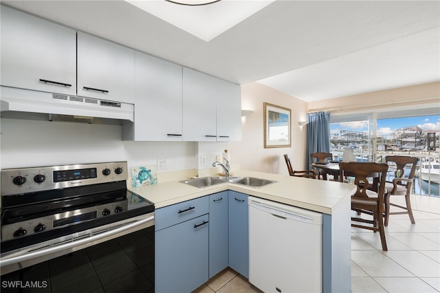 kitchen with white cabinetry, electric stove, sink, white dishwasher, and light tile patterned floors