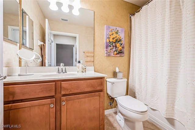 full bathroom with shower / bath combo with shower curtain, toilet, tile patterned floors, and vanity