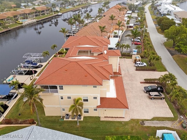 drone / aerial view featuring a water view