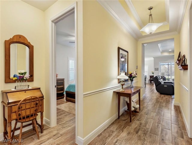 hallway with crown molding and a tray ceiling