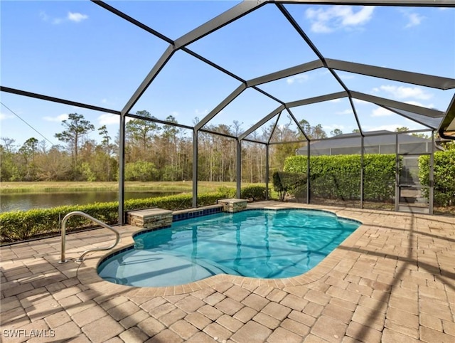 view of swimming pool featuring a lanai, a water view, and a patio