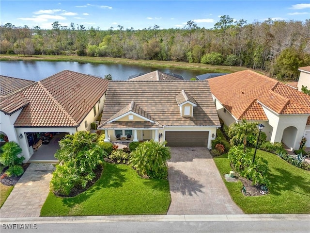 aerial view with a water view