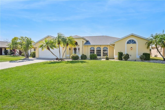 view of front of property featuring a garage and a front lawn