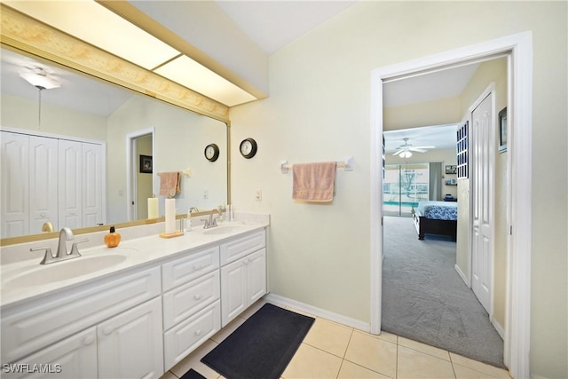 bathroom with vanity, tile patterned floors, and ceiling fan