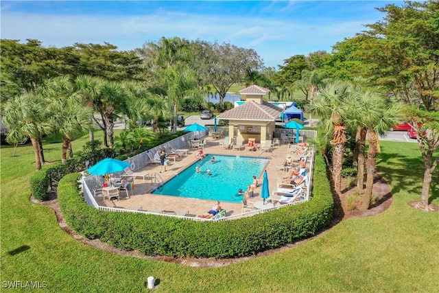 view of pool with a gazebo, a lawn, and a patio