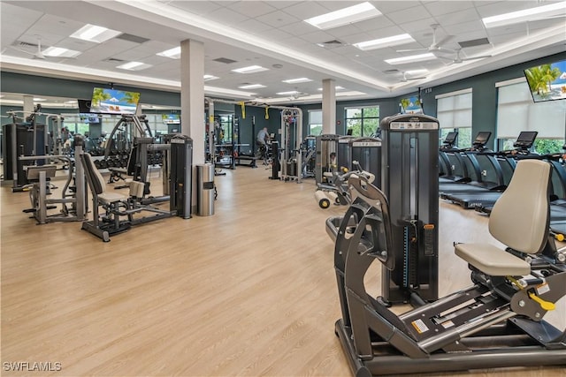 gym featuring a drop ceiling and light wood-type flooring