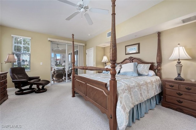 carpeted bedroom featuring ceiling fan and access to exterior