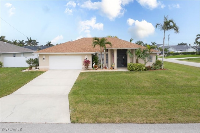 single story home with a front yard and a garage