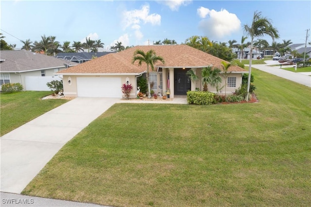 view of front of property with a garage and a front lawn