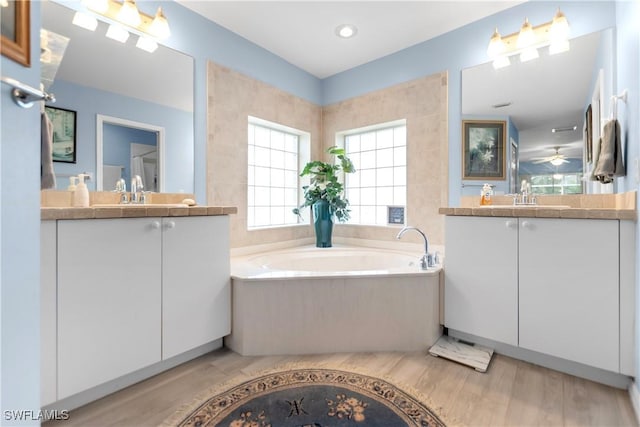 bathroom featuring vanity, a bathtub, and hardwood / wood-style floors