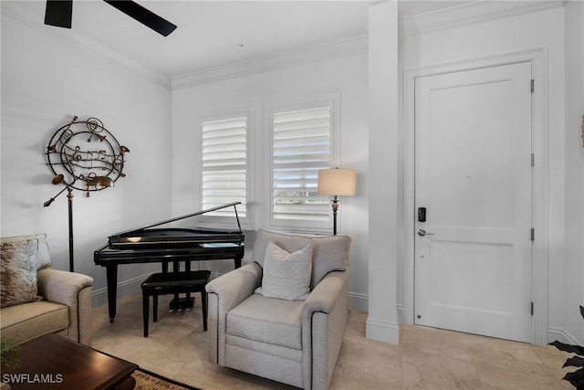 sitting room with crown molding, ceiling fan, and light tile patterned floors