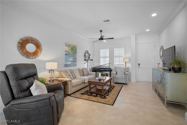 tiled living room featuring ornamental molding and ceiling fan